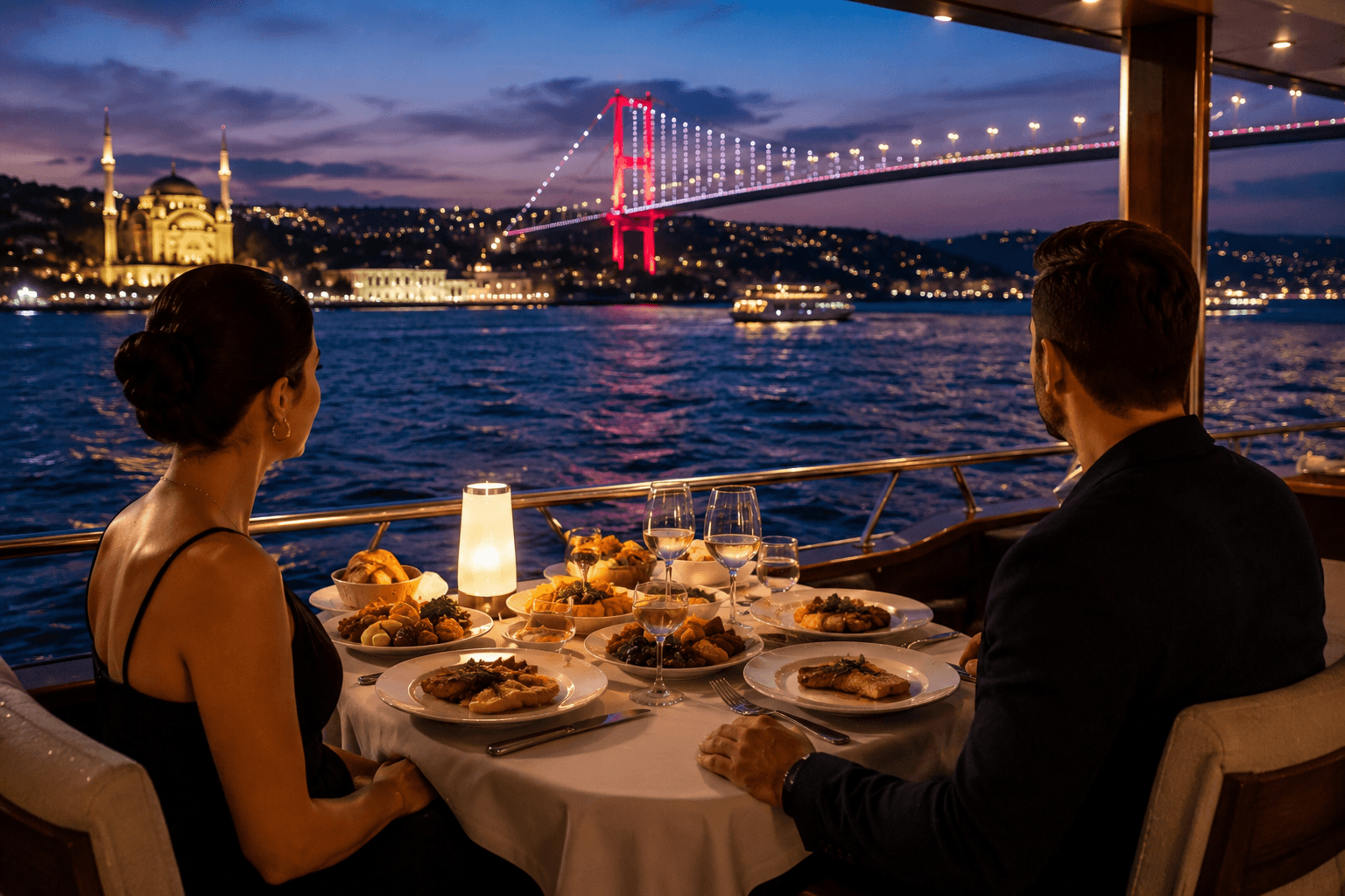 Couple enjoying a Bosphorus dinner cruise in Istanbul with dinner and illuminated Bosphorus Bridge views at night.